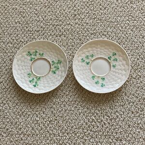 Belleek Saucer Plate Pair Small Tea Set Cream Green Thatched Vintage Pottery